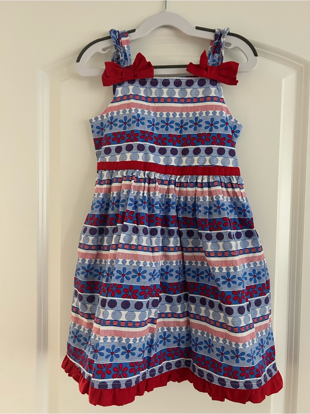 Girls Red, Blue & White Striped Floral Sundress with Bow Straps